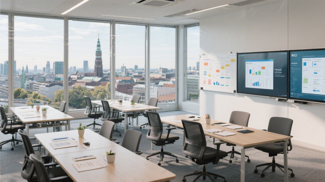 Modern office space overlooking Berlin city with collaborative tables, financial reports, and digital whiteboards prepared for tax planning workshop