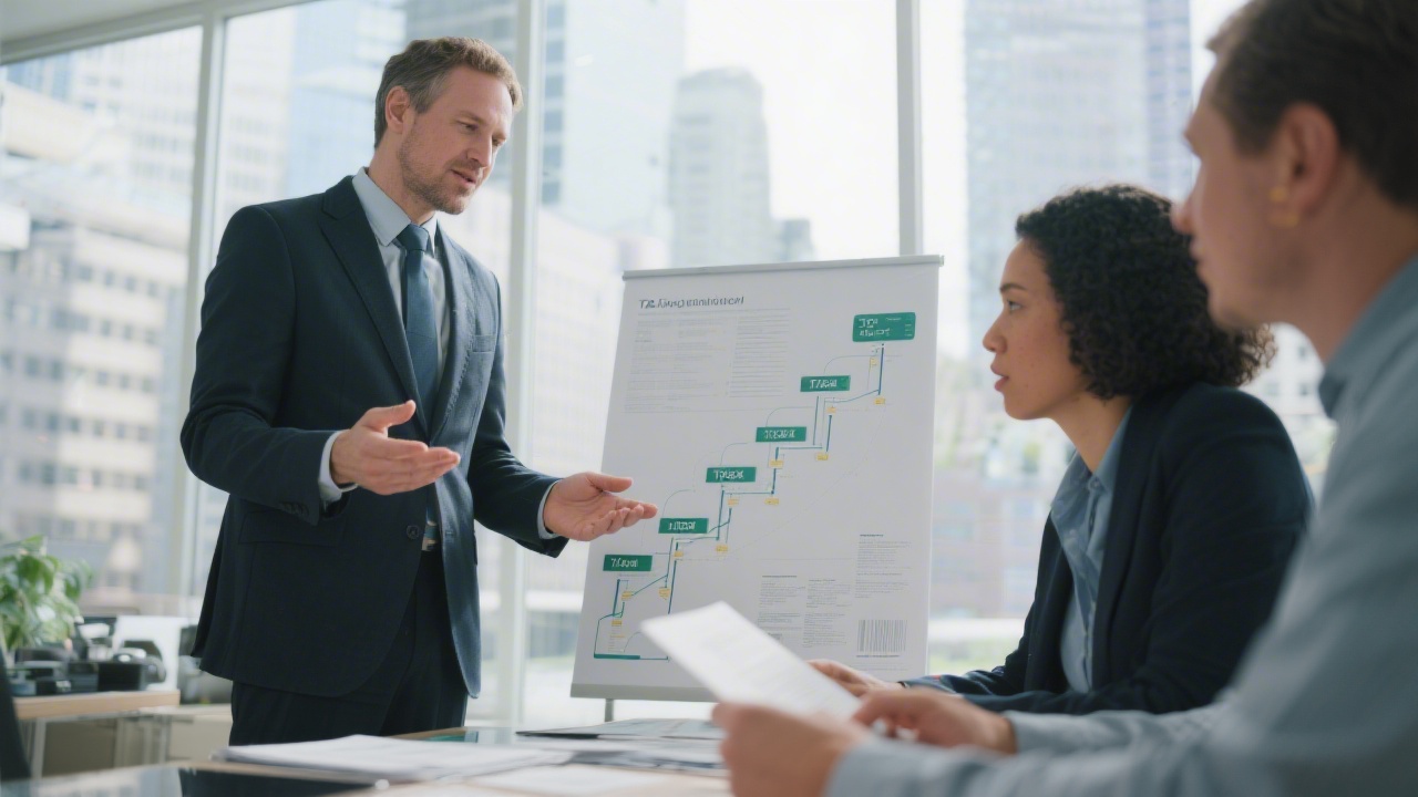 Consultant presenting structured tax installment roadmap to two business owners using printed documentation and digital timeline in a daylight city office