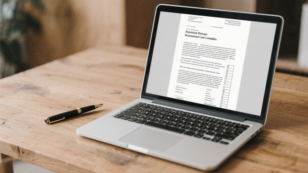 Laptop displaying legal terms document while professional reviews compliance checklist with fountain pen on wooden desk