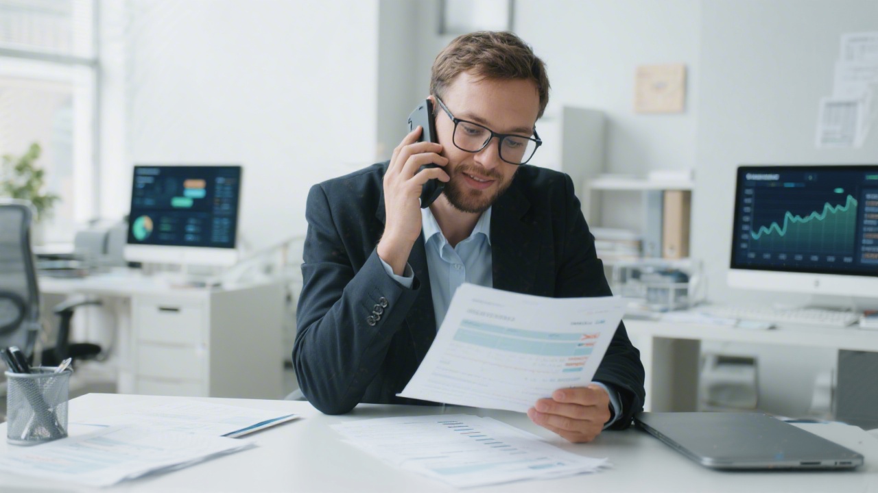 Professional support specialist speaking on phone with client while reviewing tax documents and digital timeline dashboard in calm office