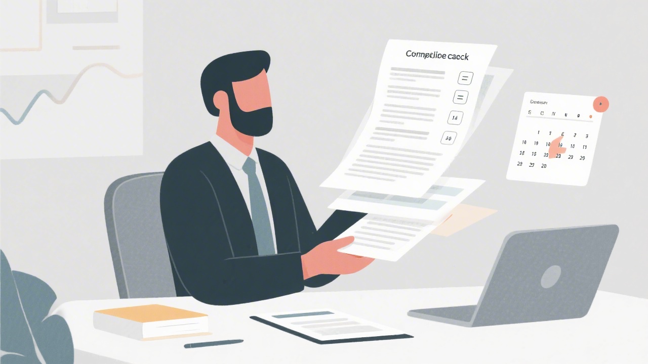 Illustration of finance manager receiving guidance through layered documents, compliance checklists, and calendar reminders in a minimalist workspace