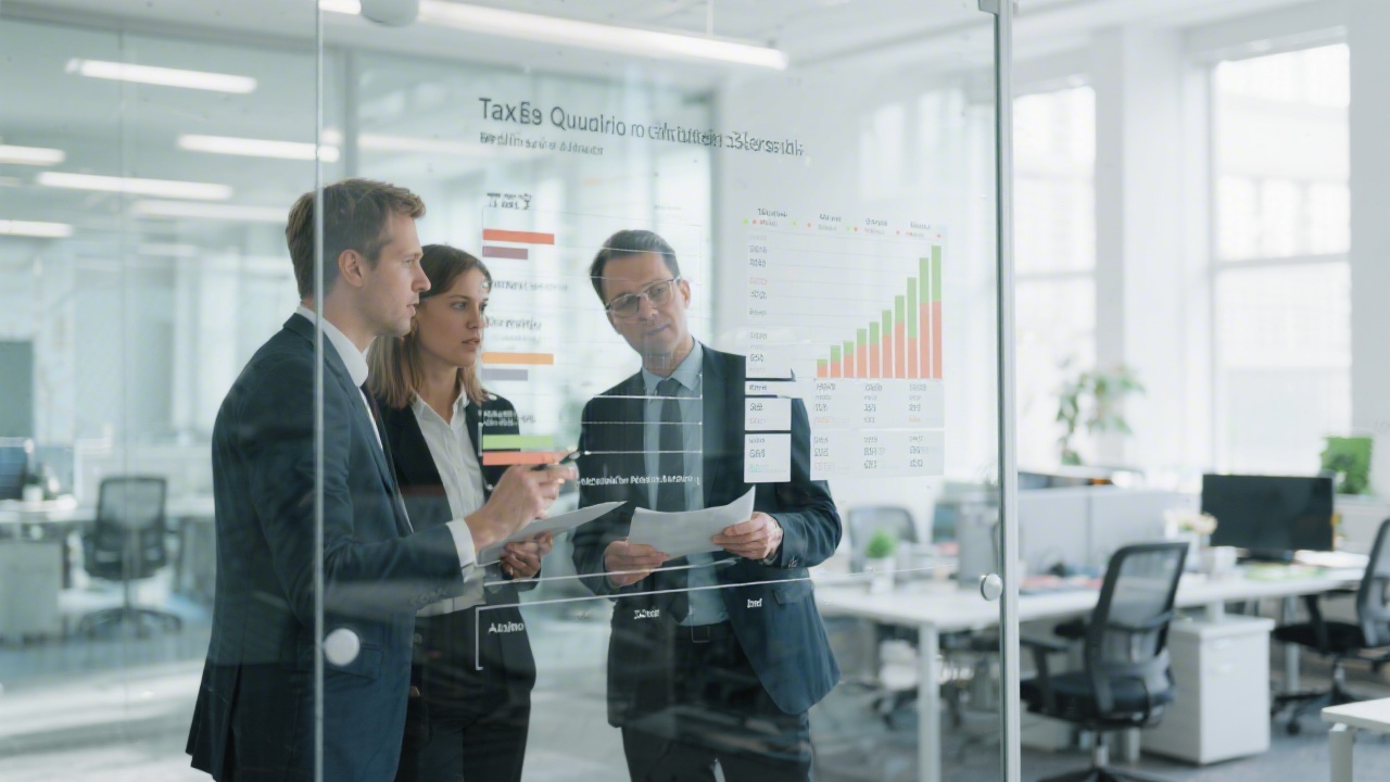 Three tax professionals reviewing quarterly cash flow forecasts and regulatory deadlines on a glass board in a bright modern Berlin office collaboration zone