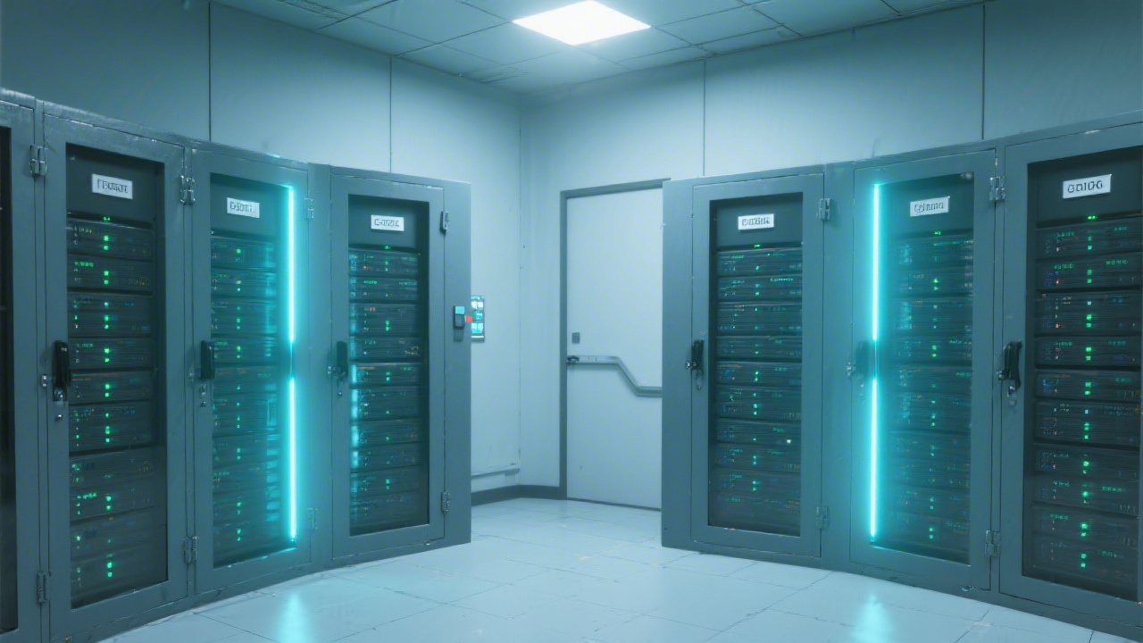 Secure server room with illuminated data cabinets symbolizing privacy compliance and GDPR data safeguards for professional tax advisory firm