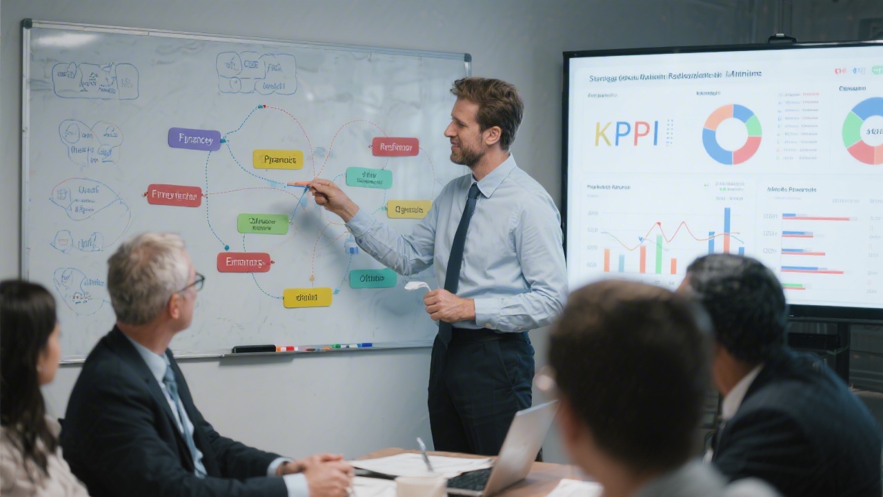 Finance consultant mapping prepayment options on whiteboard with KPI dashboards projected nearby during strategic workshop