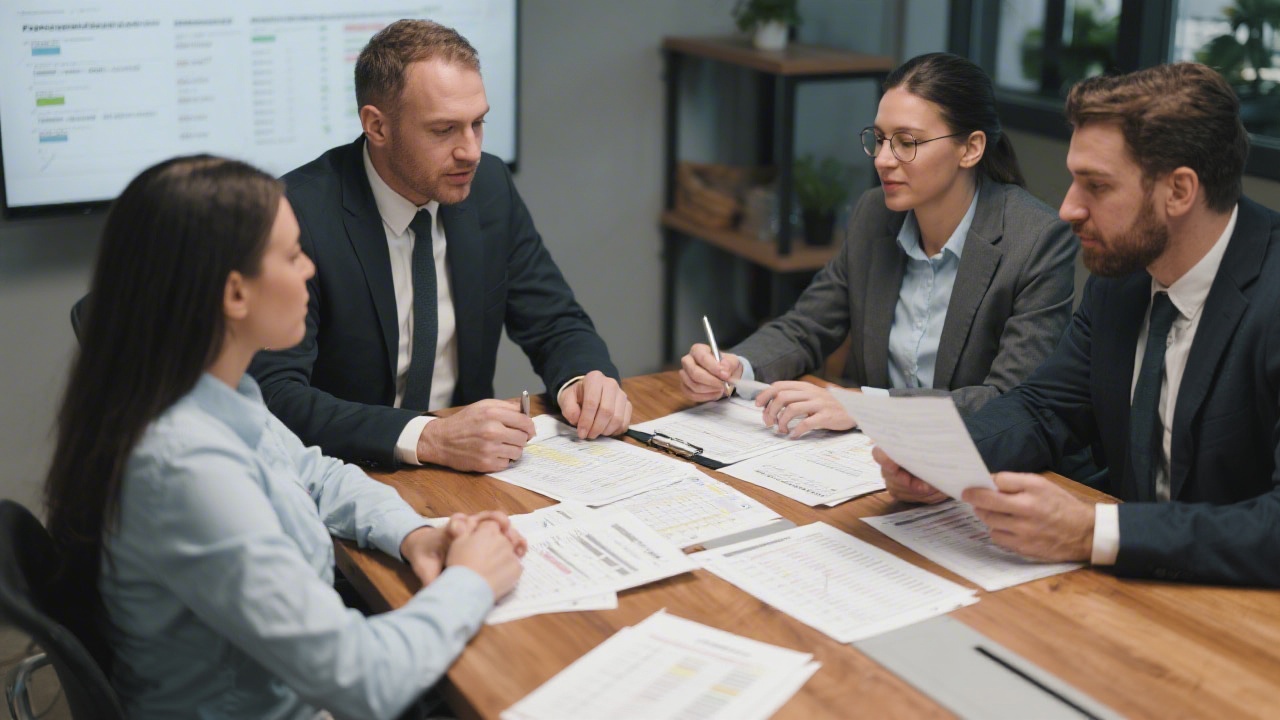 Small business leadership team collaborating with tax specialist over detailed prepayment worksheets and compliance checklists on conference table